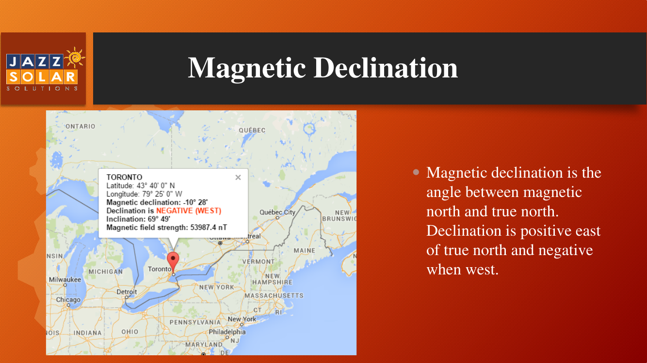 Map with a data box listing latitude, longitude, and magnetic declination