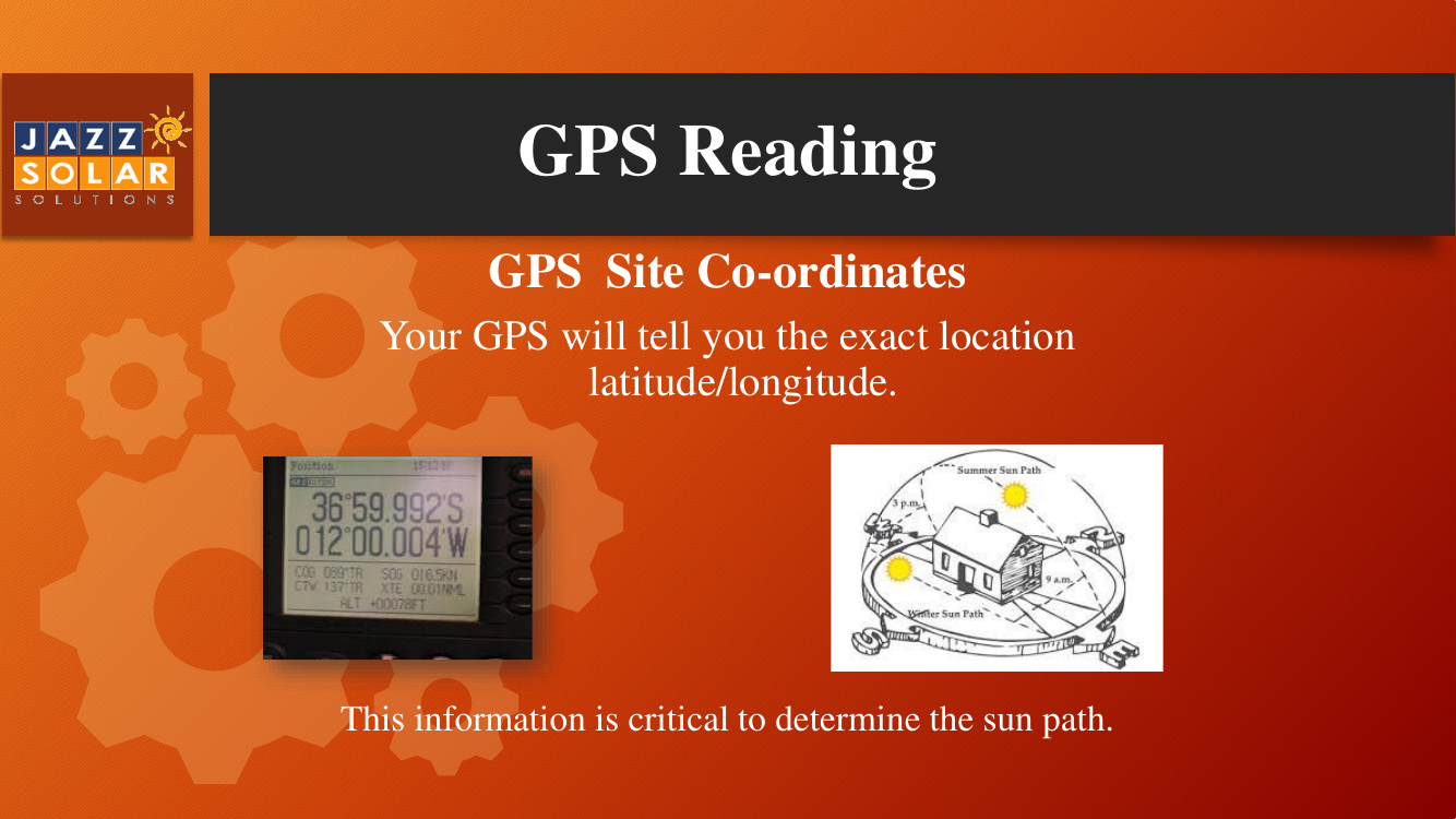 Handheld GPS showing coordinates next to an aerial view of a solar site