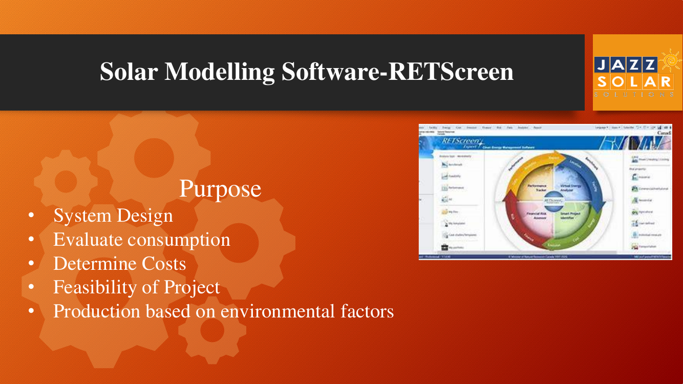 Purpose list (system design, evaluate consumption, costs, feasibility, environmental factors) beside a screenshot of solar modelling software with a circular dashboard.