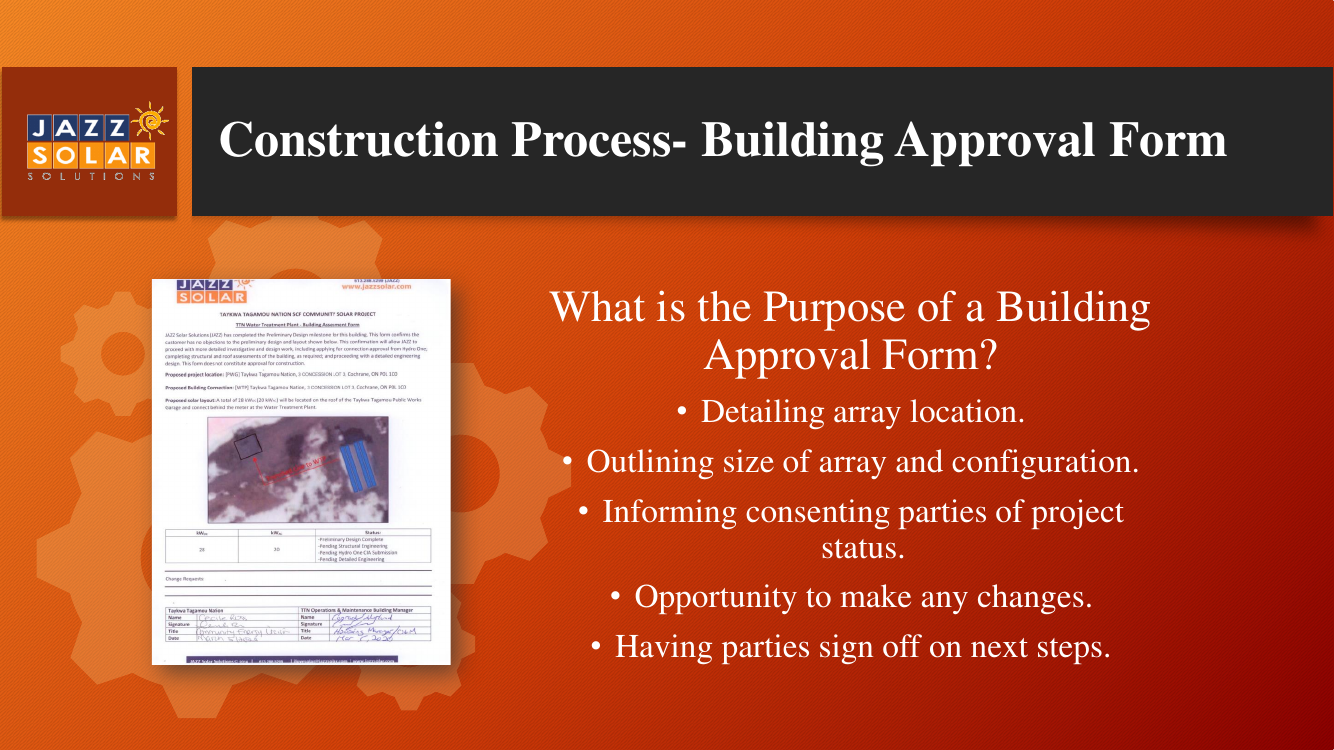 A filled-out Building Approval Form document with a permit map thumbnail, beside a bulleted list of the form's purpose.