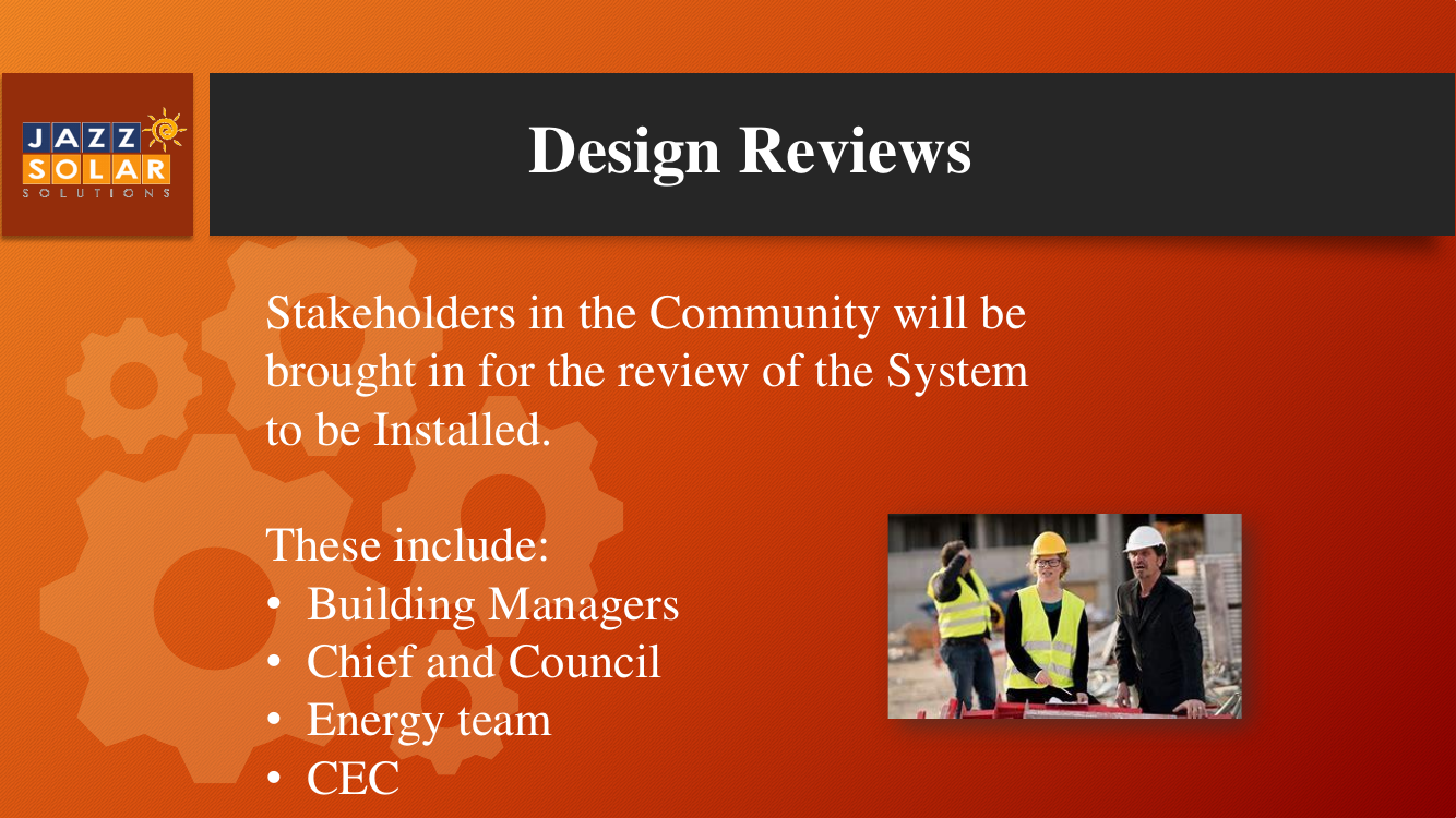 Slide on community stakeholder review listing Building Managers, Chief and Council, Energy team, and CEC, with a photo of workers consulting together.