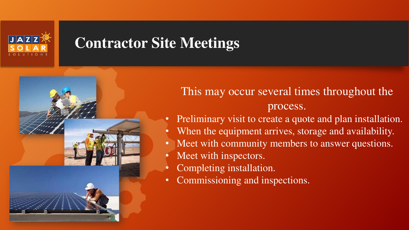 Three stacked solar and worker photos beside a list of contractor meeting milestones across an installation project.
