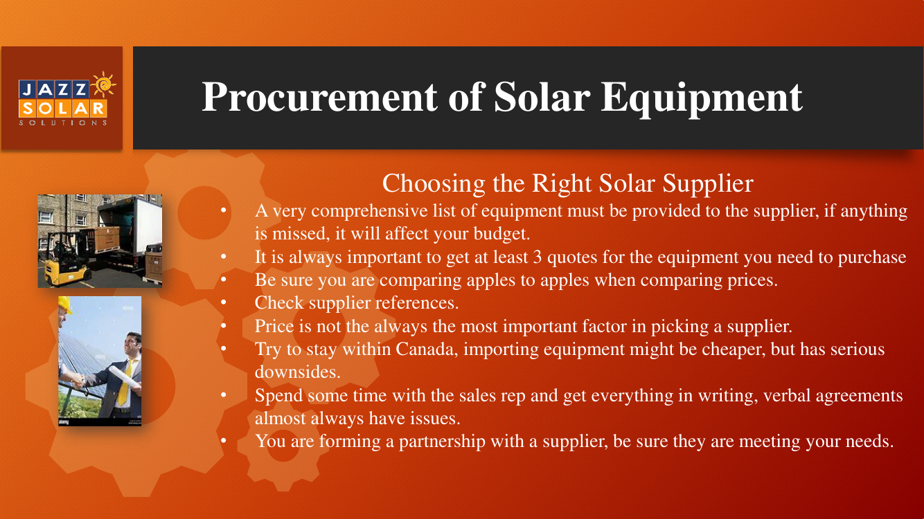 Slide titled 'Choosing the Right Solar Supplier' with supplier-selection tips and a faded warehouse forklift photo.