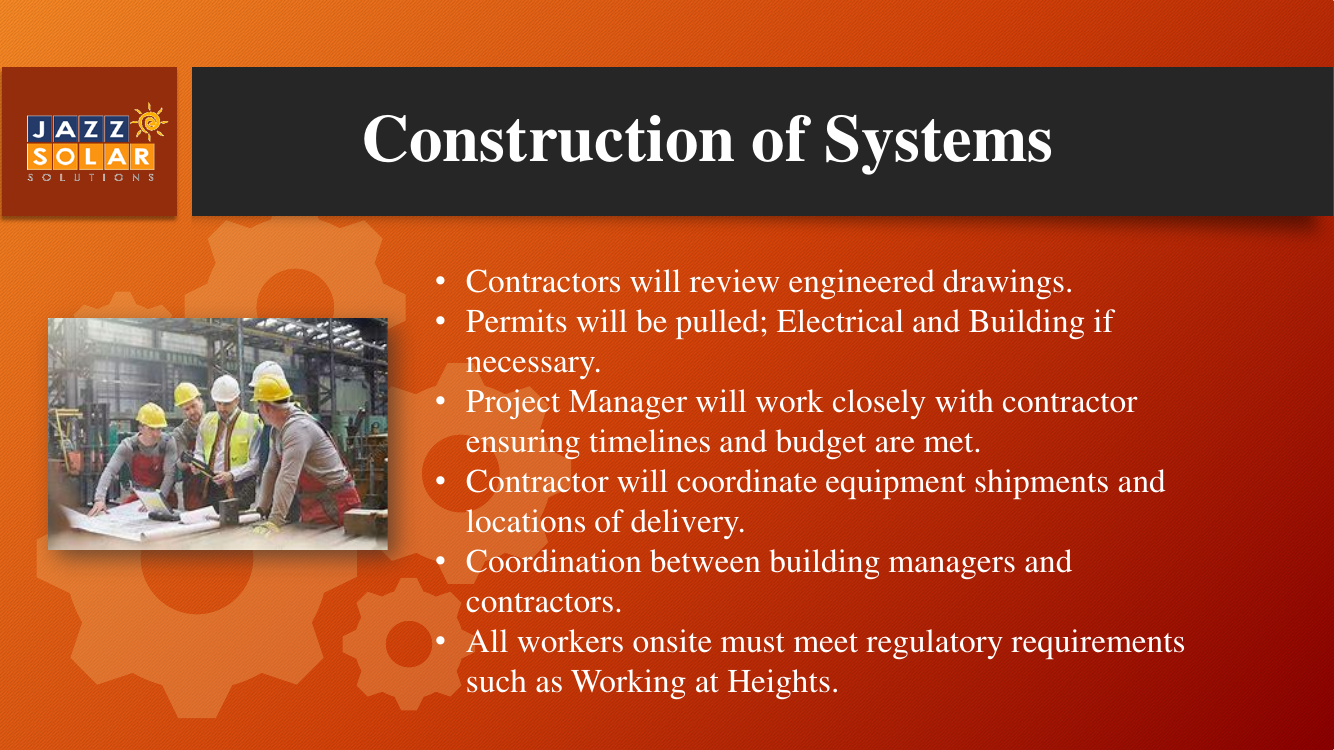 Bulleted slide on contractor and permitting responsibilities during the build, with a photo of a hard-hatted crew.