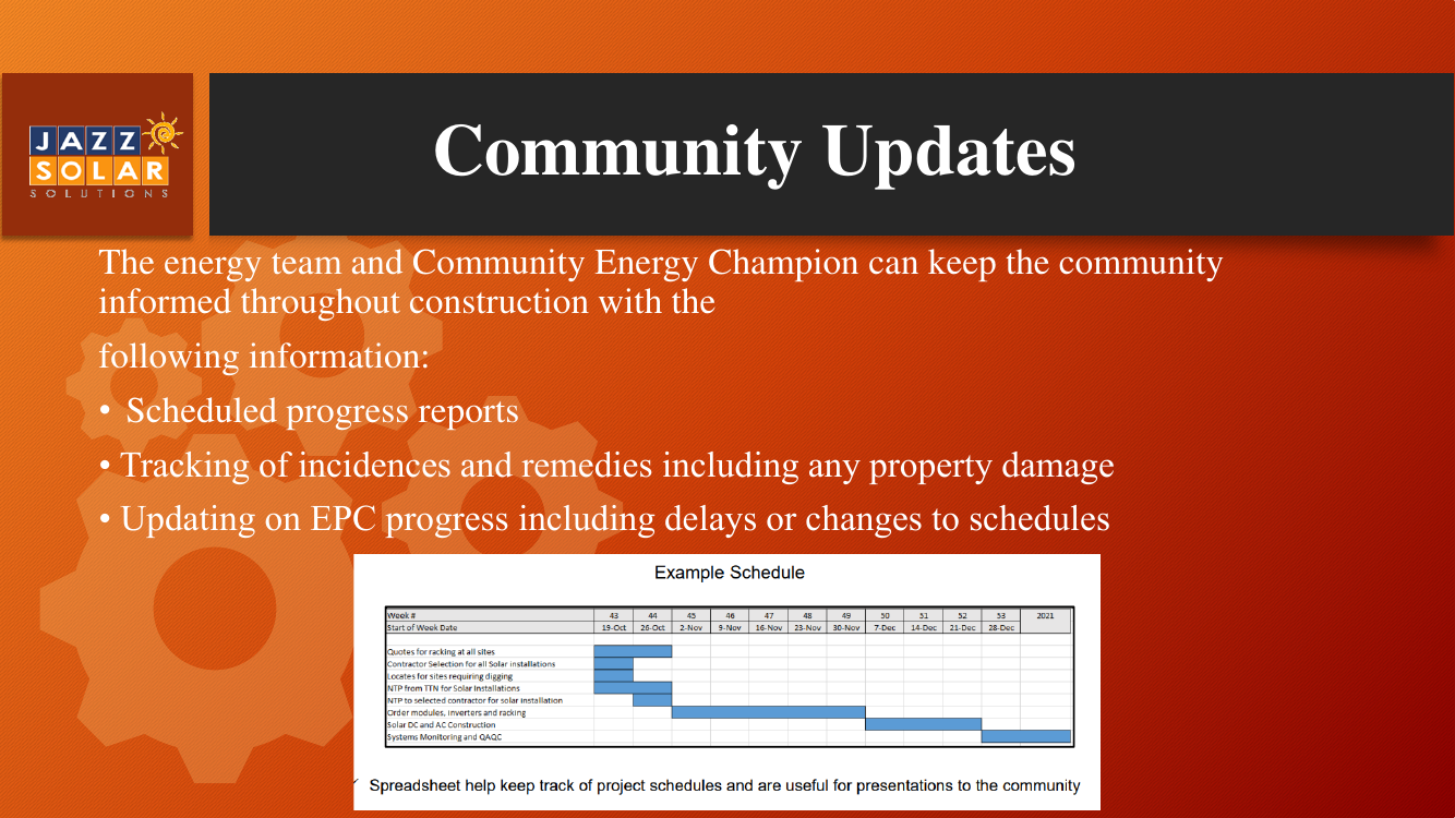 A Gantt-style project schedule spreadsheet showing task rows and dated bars used to track and share construction progress.