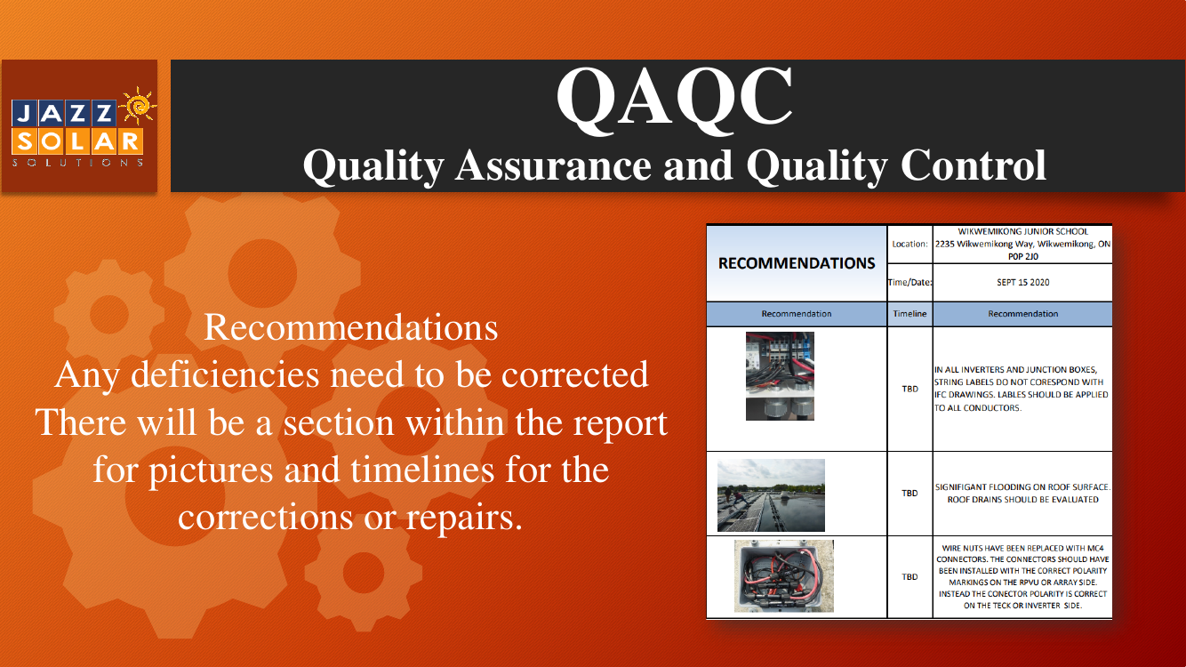 Screenshot of a Recommendations report table with thumbnail photos of defects and priority and description columns.