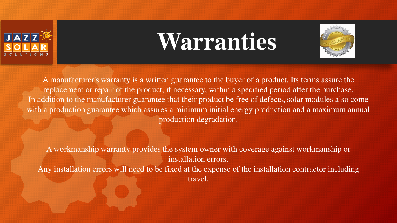 Slide defining manufacturer's and workmanship warranties with a gold warranty seal badge.