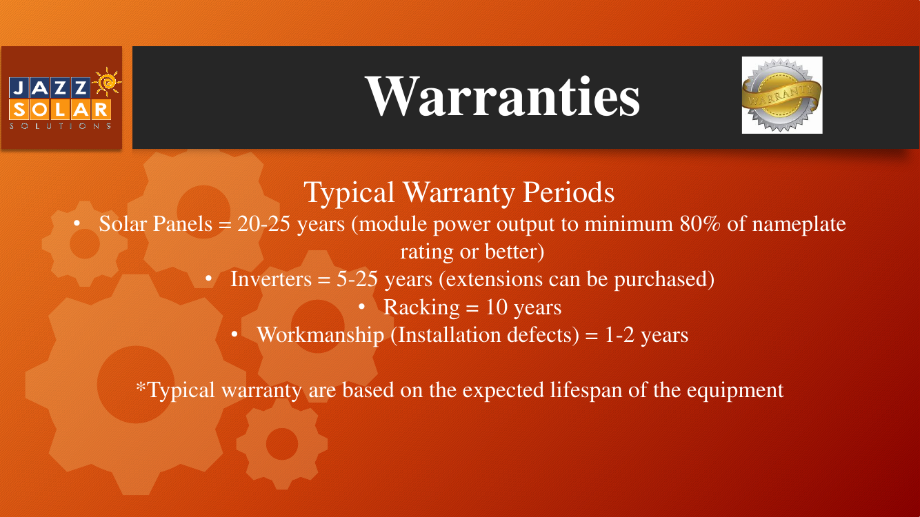 Bulleted list of typical warranty periods by component with a gold warranty seal badge.