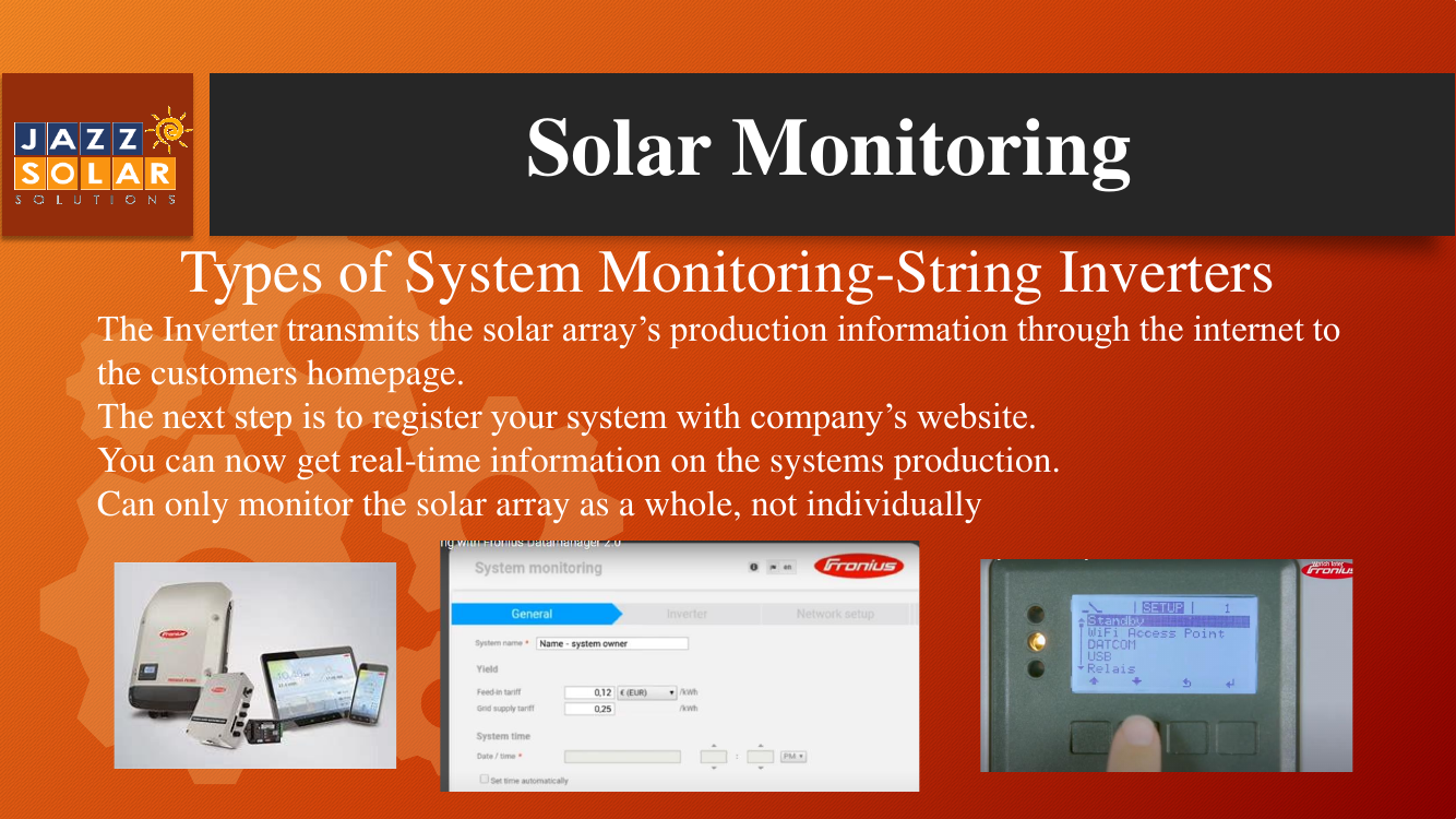 A string inverter, a web monitoring portal, and a display screen showing whole-array monitoring.