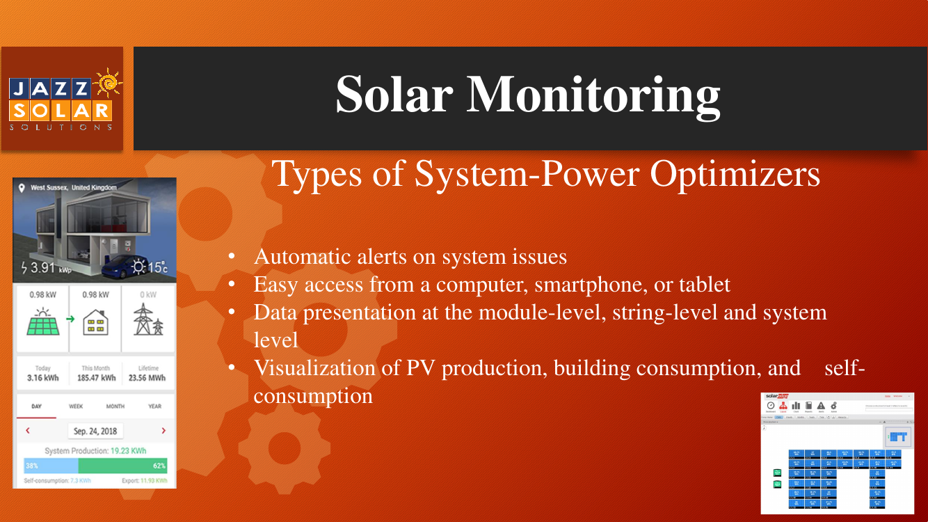 Solar monitoring dashboards showing optimizer energy production values and data tables.