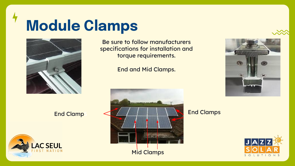 Photos of end clamps and mid clamps securing solar modules to rails, with an array labeled showing End Clamps at the ends and Mid Clamps between panels