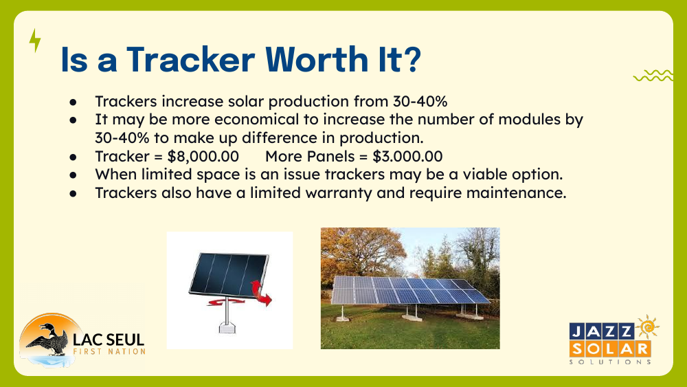 Is a Tracker Worth It slide comparing tracker production gains and costs, with photos of a pole tracker and a ground-mounted panel row