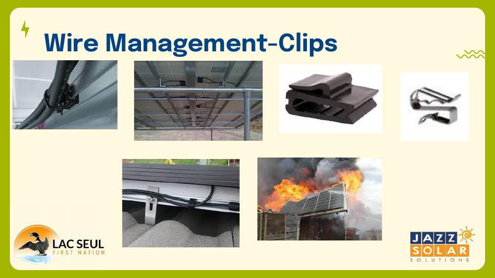 Photos of wire management clips on solar racking, examples of clip hardware, and a roof-mounted array on fire.