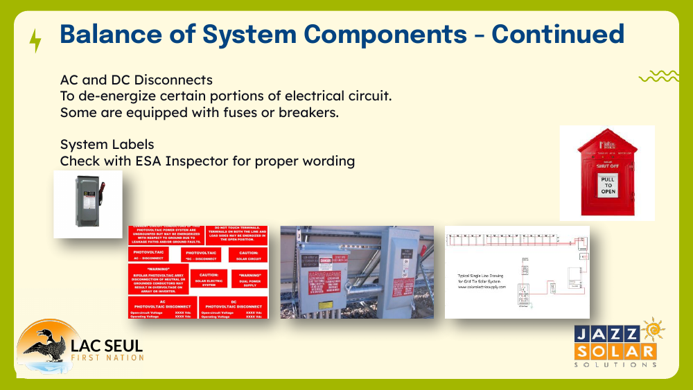Slide titled Balance of System Components - Continued covering AC and DC disconnects and system labels, with photos of a disconnect box, warning labels, equipment, and a labeling diagram.