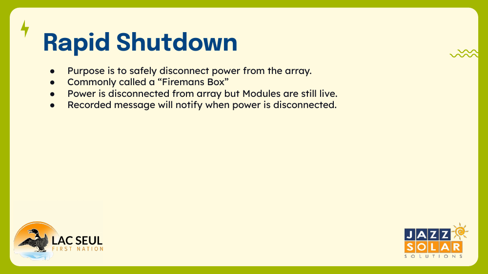 Slide titled Rapid Shutdown listing its purpose, the Firemans Box nickname, that modules stay live, and that a recorded message confirms disconnection.