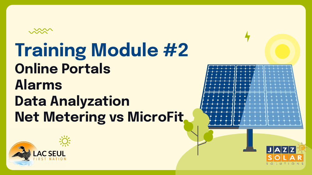 Title slide reading Training Module #2 with topics listed, beside a solar panel and sun graphic and the Lac Seul First Nation and JAZZ Solar logos.