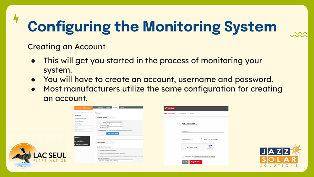 Two account sign-up screens, one for Enlighten Manager and one for Fronius, showing fields for email, name, and password.