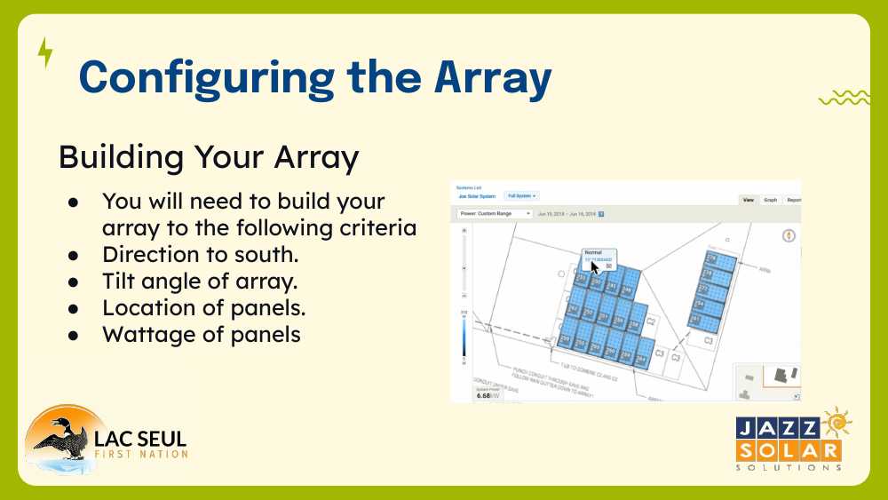 Array configuration screen showing panels laid out on a site map to match the real installation.