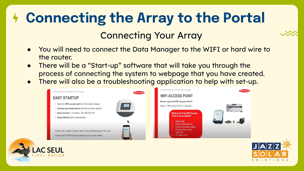 Slide titled 'Connecting the Array to the Portal' with steps to connect the Data Manager to WiFi or router, plus Fronius Easy Startup and WiFi Access Point screenshots.