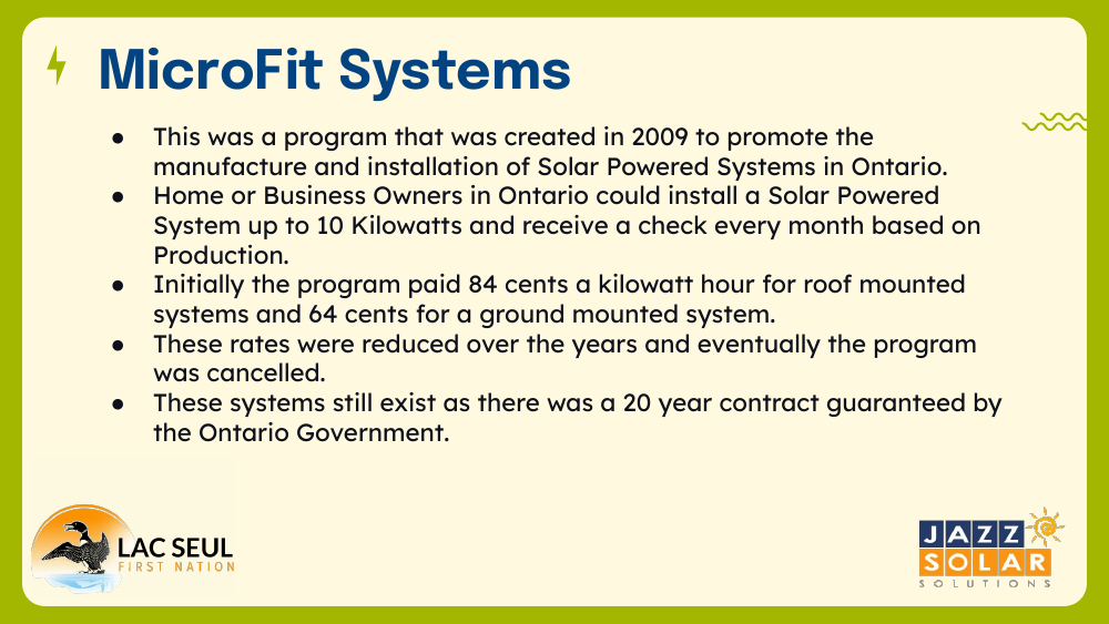 Slide titled MicroFit Systems listing the 2009 Ontario program: up to 10 kW, monthly cheques by production, 84 cents roof-mounted and 64 cents ground-mounted rates that were reduced then cancelled, with 20-year contracts.