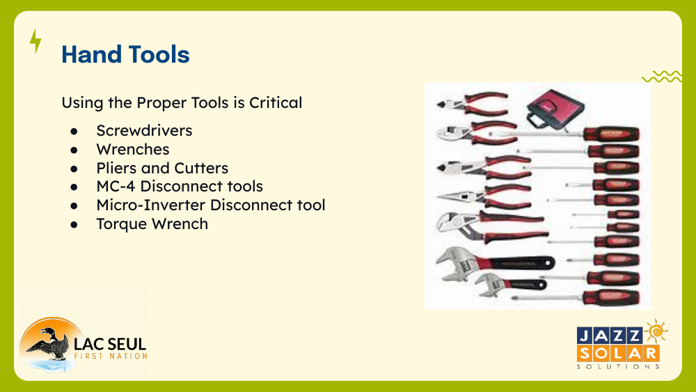 Slide titled Hand Tools listing screwdrivers, wrenches, pliers and cutters, MC-4 disconnect tools, micro-inverter disconnect tool, and torque wrench, with a photo of a tool set.