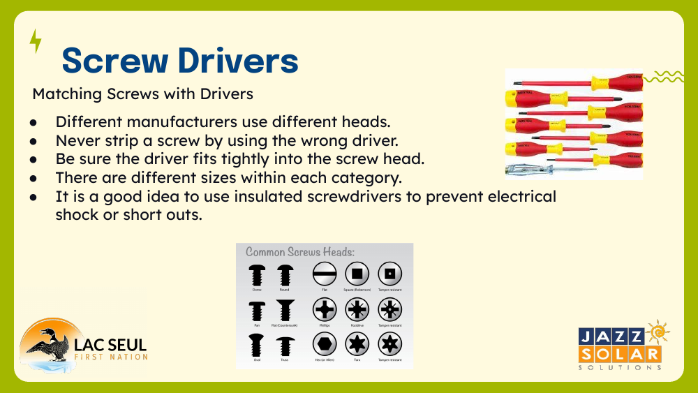 Slide titled Screw Drivers with tips on matching drivers to screws, plus a chart of common screw heads and photos of insulated screwdrivers.