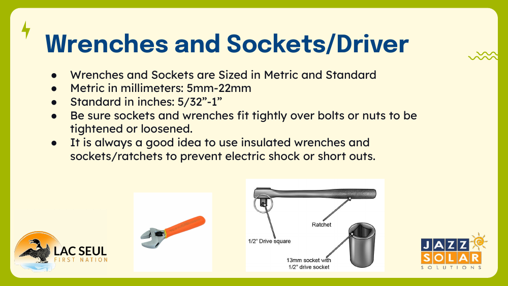 Slide titled Wrenches and Sockets/Driver explaining metric and standard sizes, with photos of an insulated wrench and a labeled ratchet and socket.