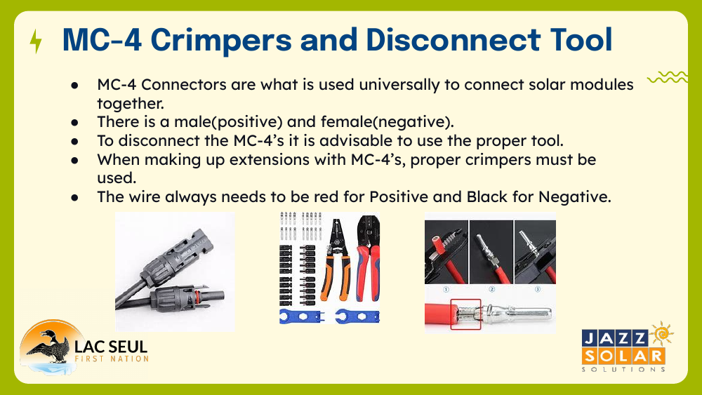 Slide titled MC-4 Crimpers and Disconnect Tool showing MC-4 connectors, crimper pins, a crimping tool, and a disconnect tool in use.