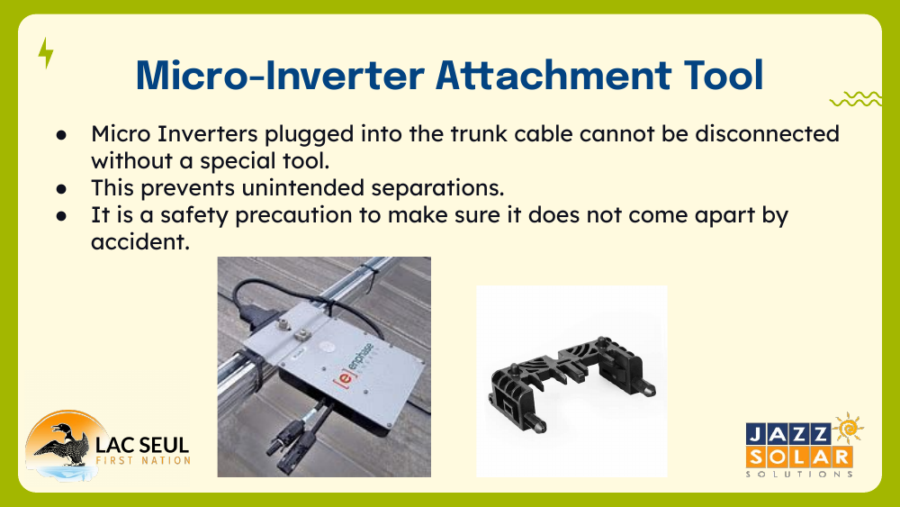 Slide titled Micro-Inverter Attachment Tool showing a micro-inverter mounted under panels connected to a trunk cable, beside a black plastic attachment tool.