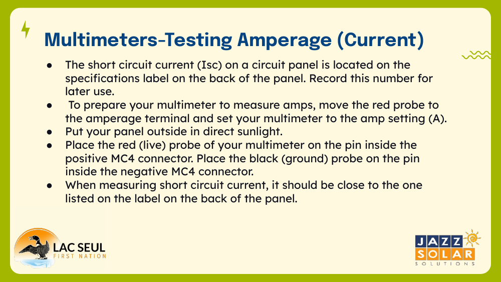 Slide listing steps to test a panel's short circuit current with a multimeter, including moving the red probe to the amperage terminal and probing the positive and negative MC4 connectors.