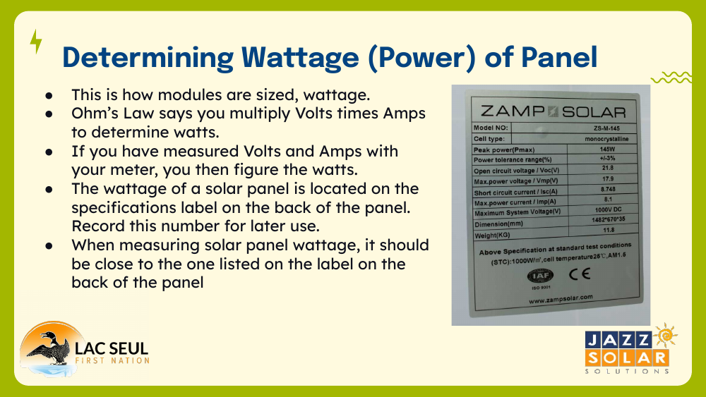 Slide showing that panel wattage equals Volts times Amps, next to a photo of a solar panel specifications label.