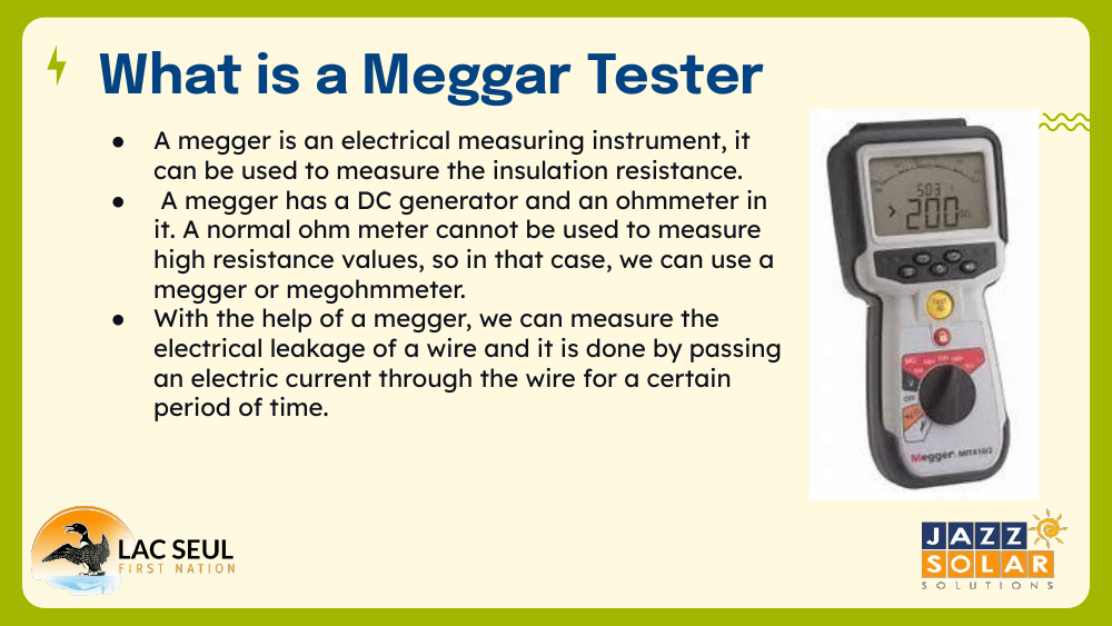 Slide describing a megger tester, an instrument that measures insulation resistance, with a photo of a handheld megger reading 200.