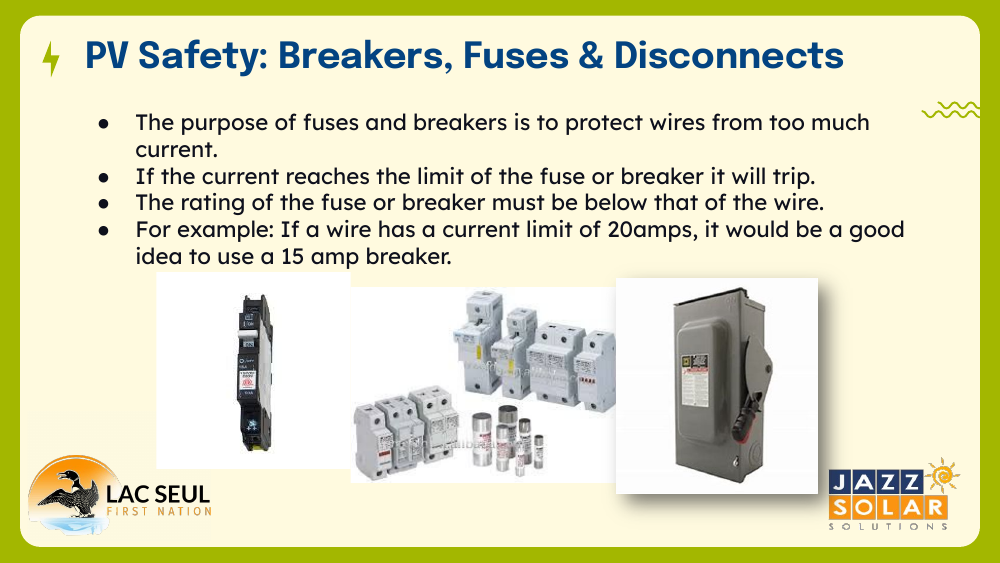 Slide on breakers, fuses and disconnects, showing photos of a breaker, fuses and a disconnect switch.