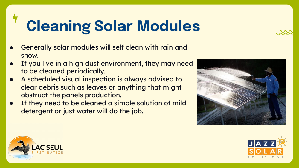 Cleaning Solar Modules slide with cleaning tips and a photo of a worker spraying water on a solar array.