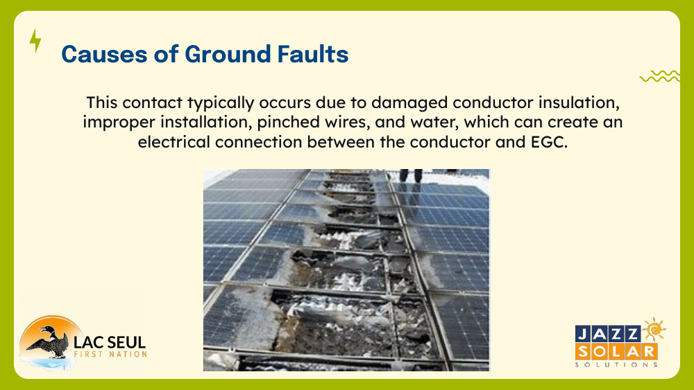 Rows of burned and damaged ground-mounted PV panels and wiring after a fault.