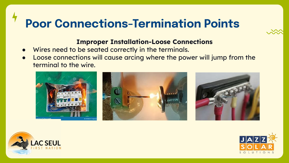 Three photos of wire terminations, one showing arcing sparks at a loose terminal connection.