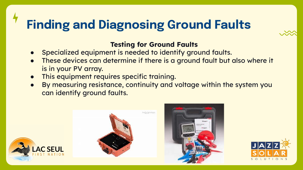 Slide titled 'Finding and Diagnosing Ground Faults' with bullet points and photos of specialized test equipment in a case and a handheld meter with leads